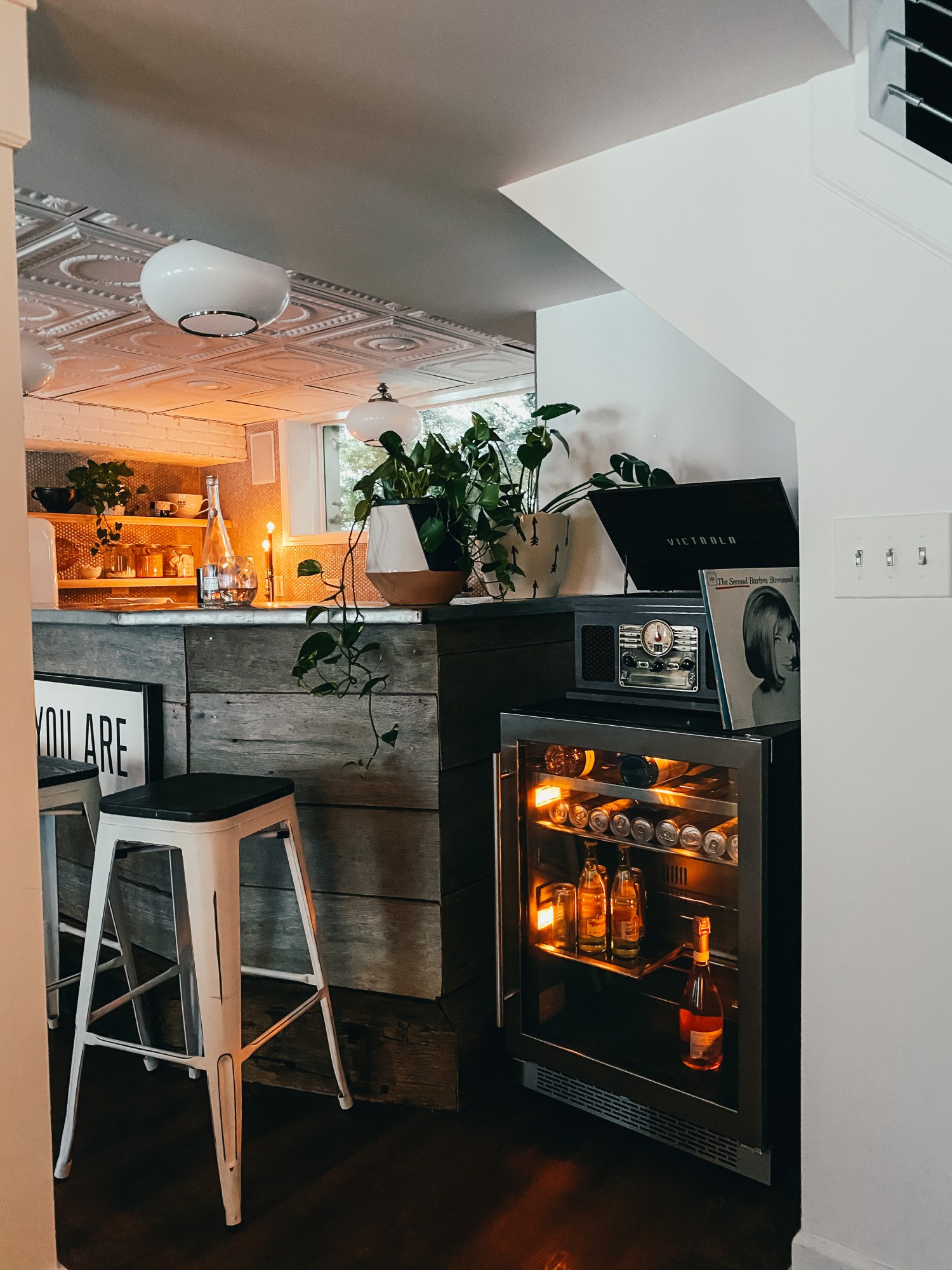 Drink Station Nook with Glass Front Beverage Fridge and Mini